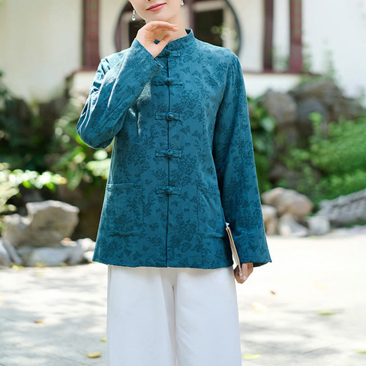 Camisa y pantalón de mujer de manga larga con botones de rana y estampado de Buddha Stones, confeccionados en algodón jacquard, con bolsillos. - image 2
