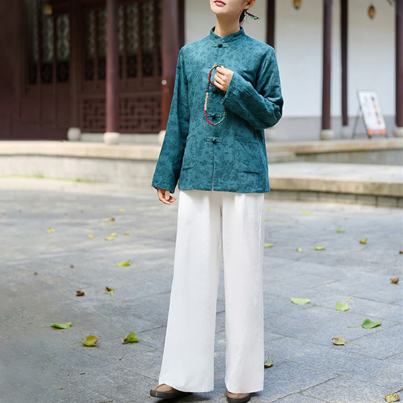 Camisa y pantalón de mujer de manga larga con botones de rana y estampado de Buddha Stones, confeccionados en algodón jacquard, con bolsillos. - image 6