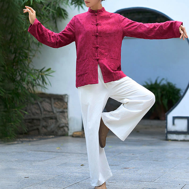 Camisa y pantalón de mujer de manga larga con botones de rana y estampado de Buddha Stones, confeccionados en algodón jacquard, con bolsillos. - image 20