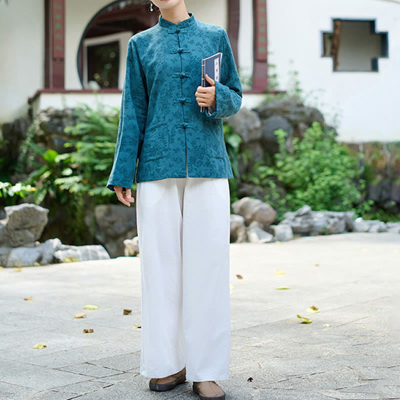 Camisa y pantalón de mujer de manga larga con botones de rana y estampado de Buddha Stones, confeccionados en algodón jacquard, con bolsillos. - image 4