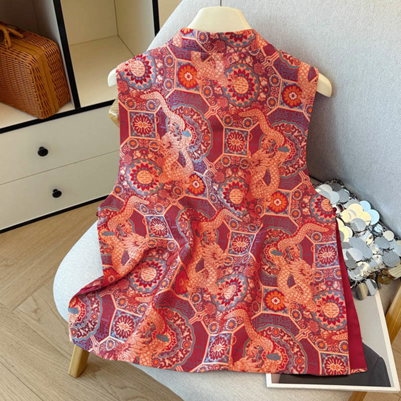 Chaleco de mujer con diseño jacquard de bambú, flor de dragón y botones de rana con Buddha Stones - image 2