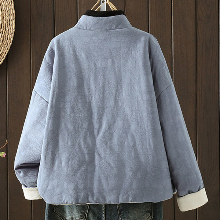 Chaqueta de algodón grueso de manga larga para mujer con estampado de Buddha Stones, botones de rana y color liso, con puños florales. - image 1