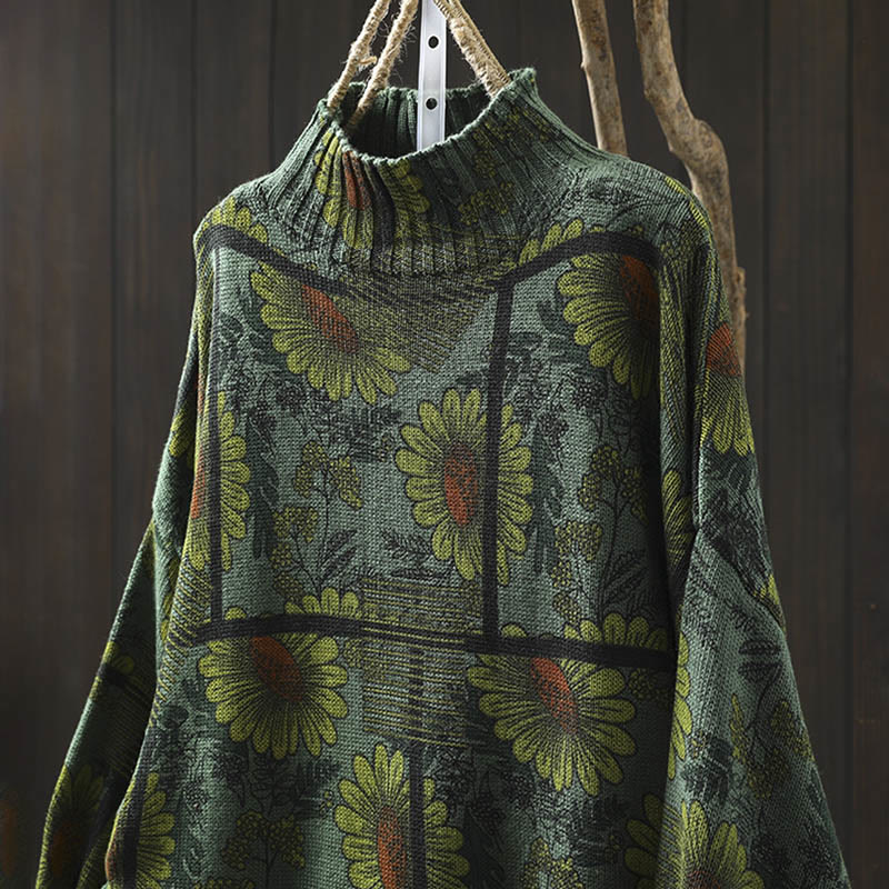 Suéter de algodón para mujer con cuello alto y manga larga, estampado de girasoles y Buddha Stones - image 16