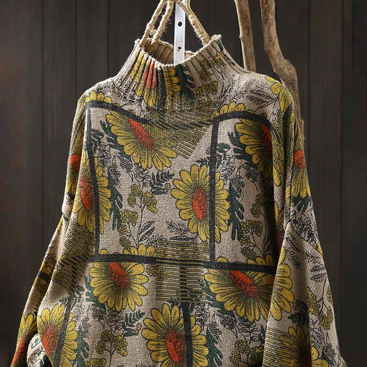 Suéter de algodón para mujer con cuello alto y manga larga, estampado de girasoles y Buddha Stones - image 1