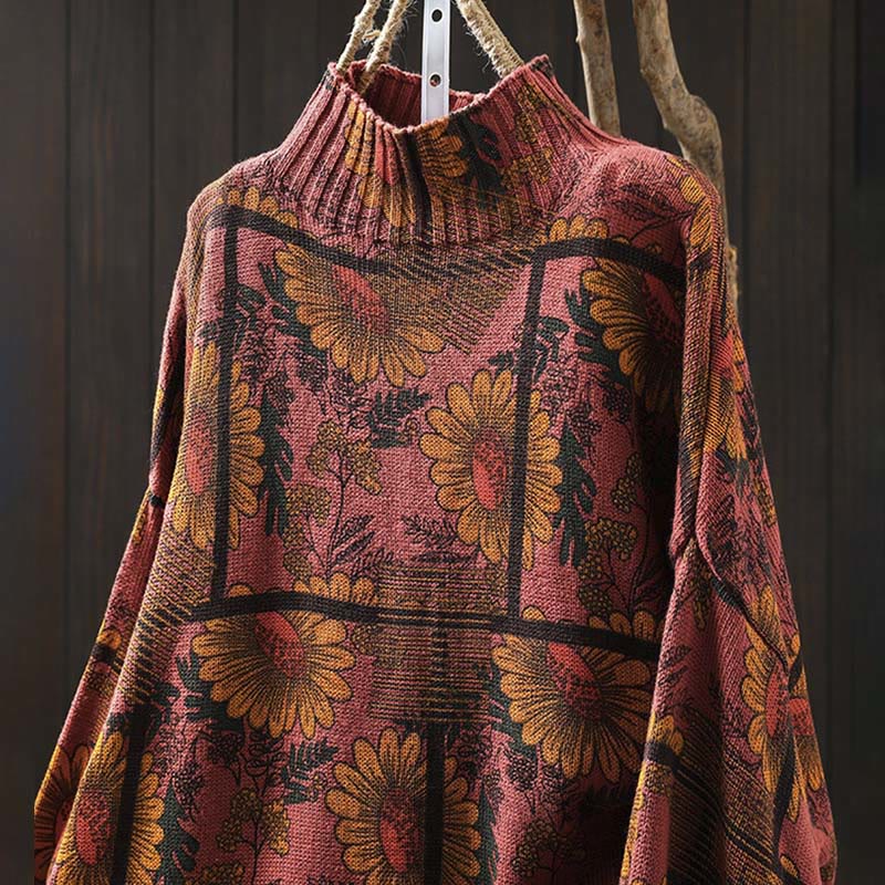 Suéter de algodón para mujer con cuello alto y manga larga, estampado de girasoles y Buddha Stones - image 14