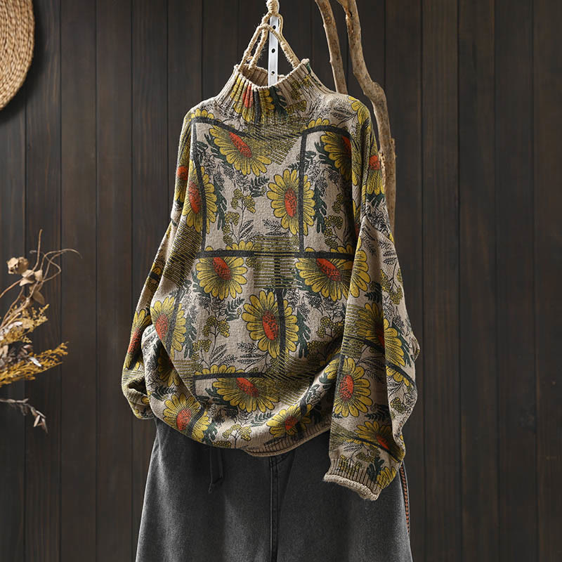 Suéter de algodón para mujer con cuello alto y manga larga, estampado de girasoles y Buddha Stones - Lino - US4-8/10, UK/AU8-12/14, EU36-40/42 (F) - image 0