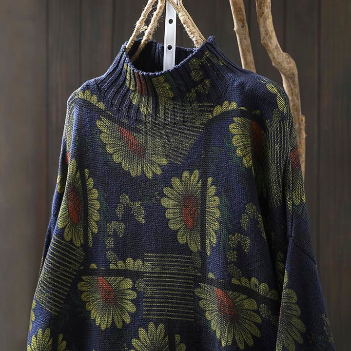 Suéter de algodón para mujer con cuello alto y manga larga, estampado de girasoles y Buddha Stones - image 4