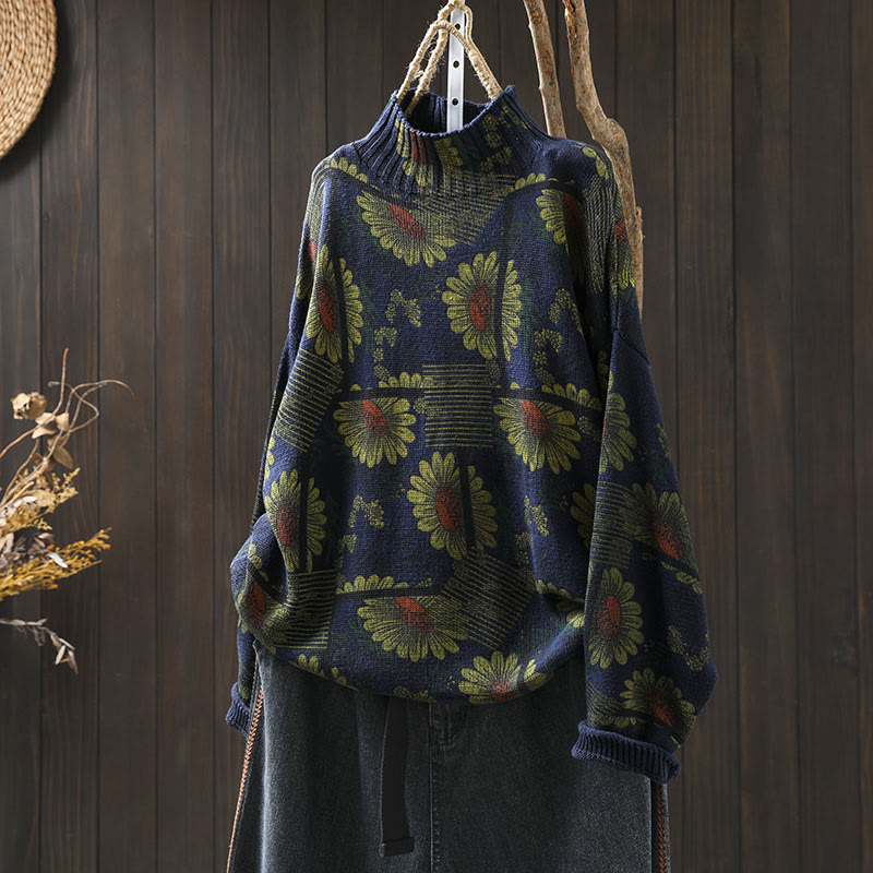 Suéter de algodón para mujer con cuello alto y manga larga, estampado de girasoles y Buddha Stones - Azul medianoche - US4-8/10, UK/AU8-12/14, EU36-40/42 (F) - image 2