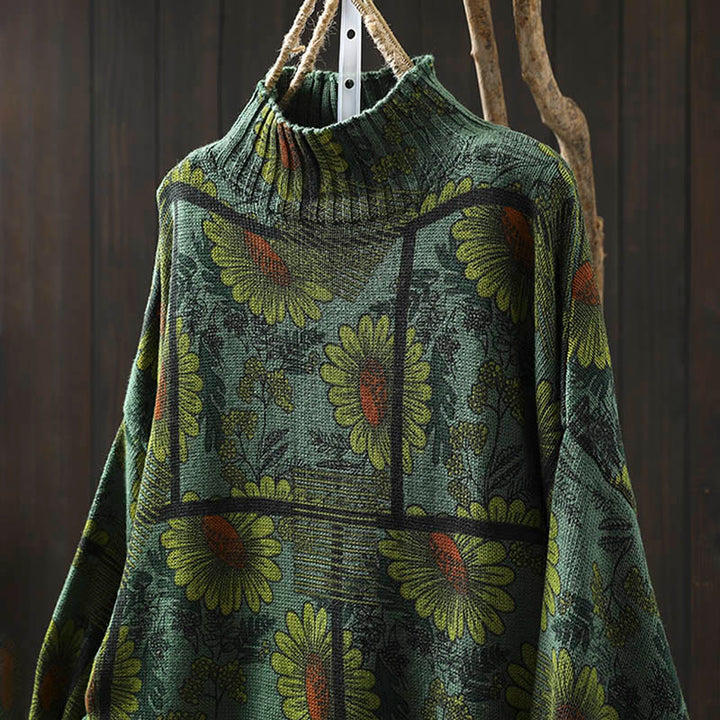 Suéter de algodón para mujer con cuello alto y manga larga, estampado de girasoles y Buddha Stones - image 16