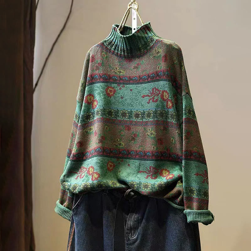 Suéter de algodón de manga larga con cuello alto y estampado floral en bloques de color para mujer , con Buddha Stones y diseño invernal. - Verde mar medio - US4-6, UK/AU8-10, EU36-38 (F) - image 2