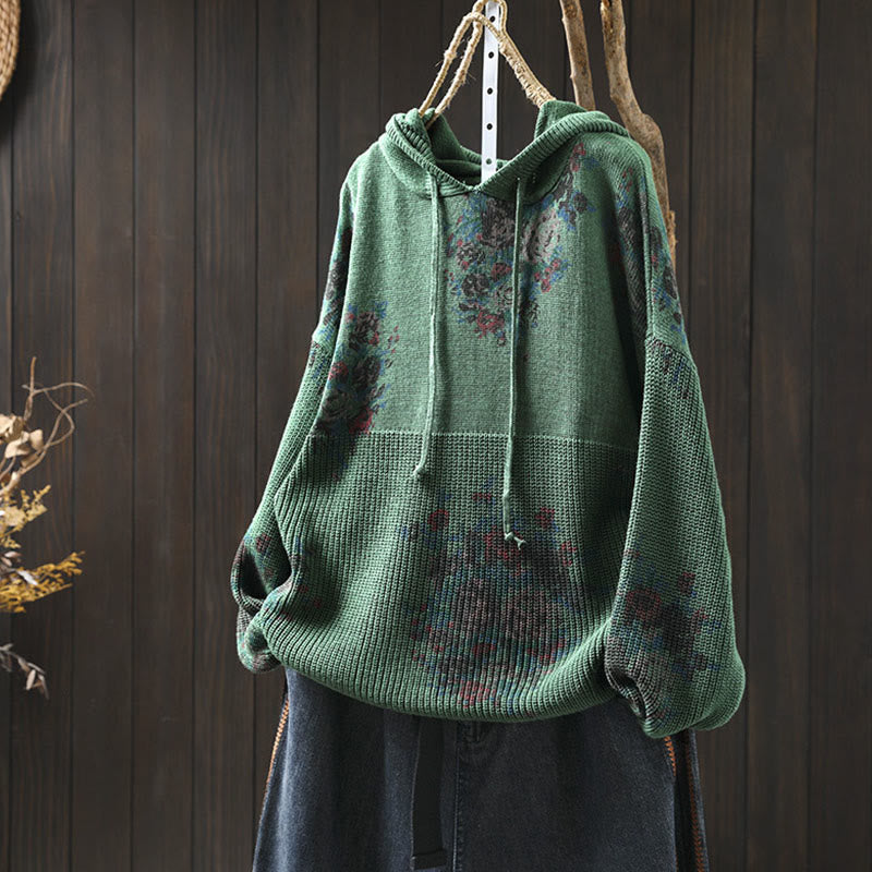 Suéter con capucha de manga larga de algodón floral de punto para mujer Buddha Stones - Verde mar medio - US4-6, UK/AU8-10, EU36-38 (F) - image 10