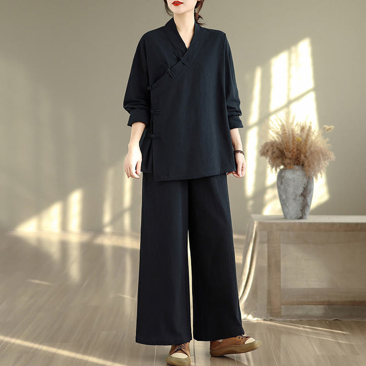 Conjunto de 2 piezas para mujer con estampado de Buddha Stones: camisa de manga larga con cuello en V y pantalones de pierna ancha, estilo zen y meditación. - Camisa y pantalón negros - US8-10，UK/AU12-14，EU40-42 (2XL) - image 12