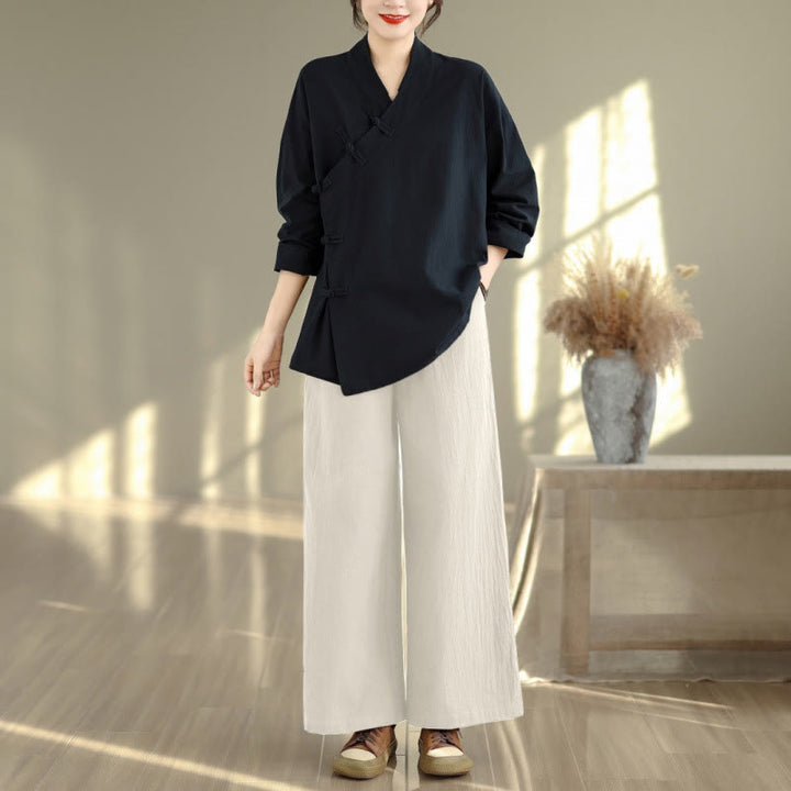 Conjunto de 2 piezas para mujer con estampado de Buddha Stones: camisa de manga larga con cuello en V y pantalones de pierna ancha, estilo zen y meditación. - Camisa negra y pantalones beige - US8-10，UK/AU12-14，EU40-42 (2XL) - image 11