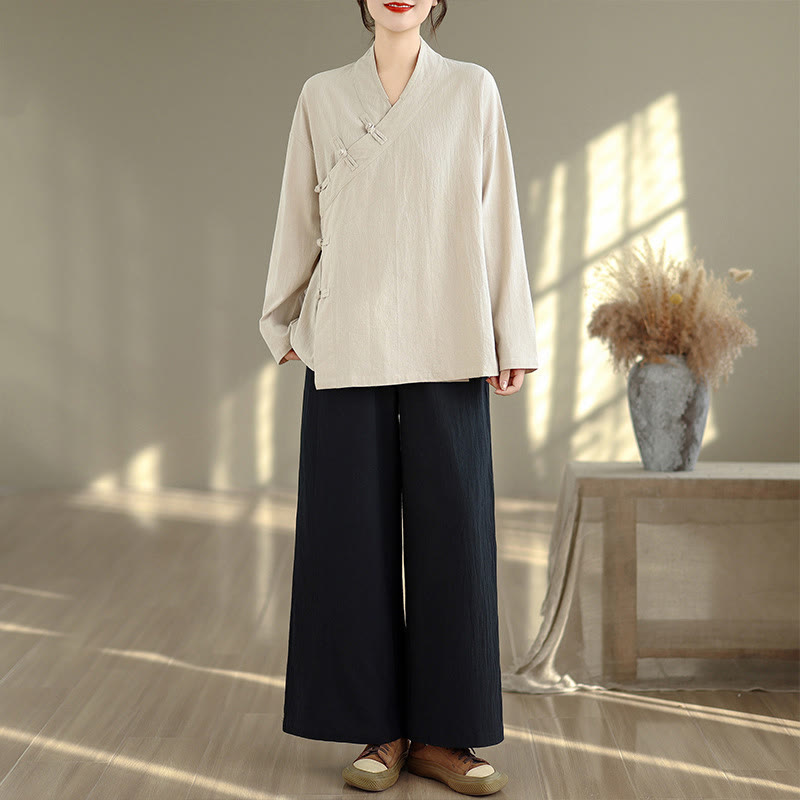 Conjunto de 2 piezas para mujer con estampado de Buddha Stones: camisa de manga larga con cuello en V y pantalones de pierna ancha, estilo zen y meditación. - Camisa beige y pantalones negros - US8-10，UK/AU12-14，EU40-42 (2XL) - image 0