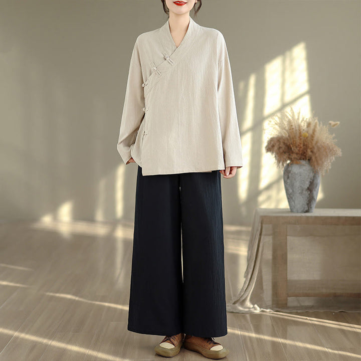 Conjunto de 2 piezas para mujer con estampado de Buddha Stones: camisa de manga larga con cuello en V y pantalones de pierna ancha, estilo zen y meditación. - Camisa beige y pantalones negros - US8-10，UK/AU12-14，EU40-42 (2XL) - image 0