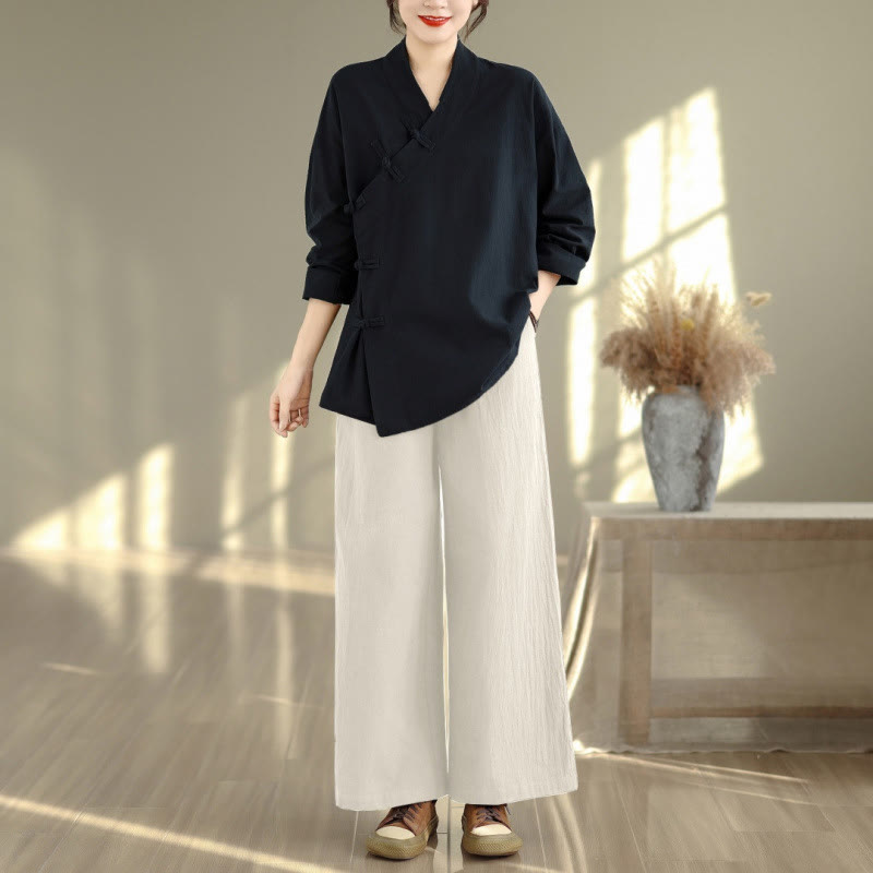 Conjunto de meditación zen para mujer con estampado de Buddha Stones : camiseta de manga larga con cuello en V y pantalón de pierna ancha. - Camisa negra y pantalones beige - US8-10，UK/AU12-14，EU40-42 (2XL) - image 11