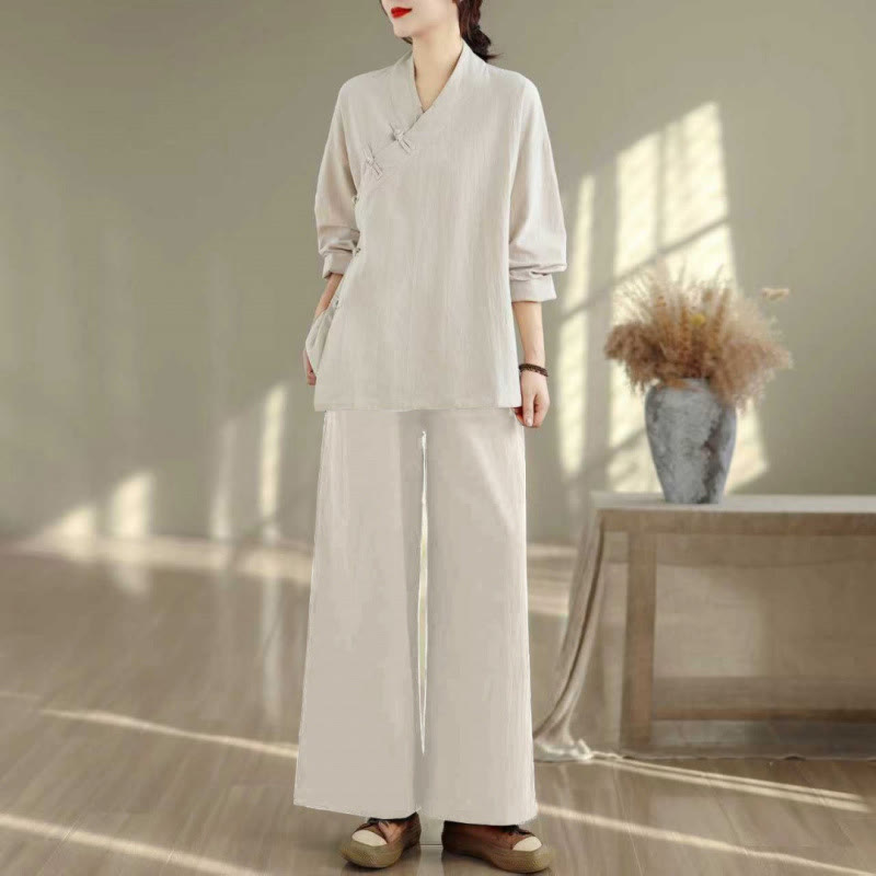 Conjunto de meditación zen para mujer con estampado de Buddha Stones : camiseta de manga larga con cuello en V y pantalón de pierna ancha. - Camisa y pantalón color beige - US8-10，UK/AU12-14，EU40-42 (2XL) - image 21