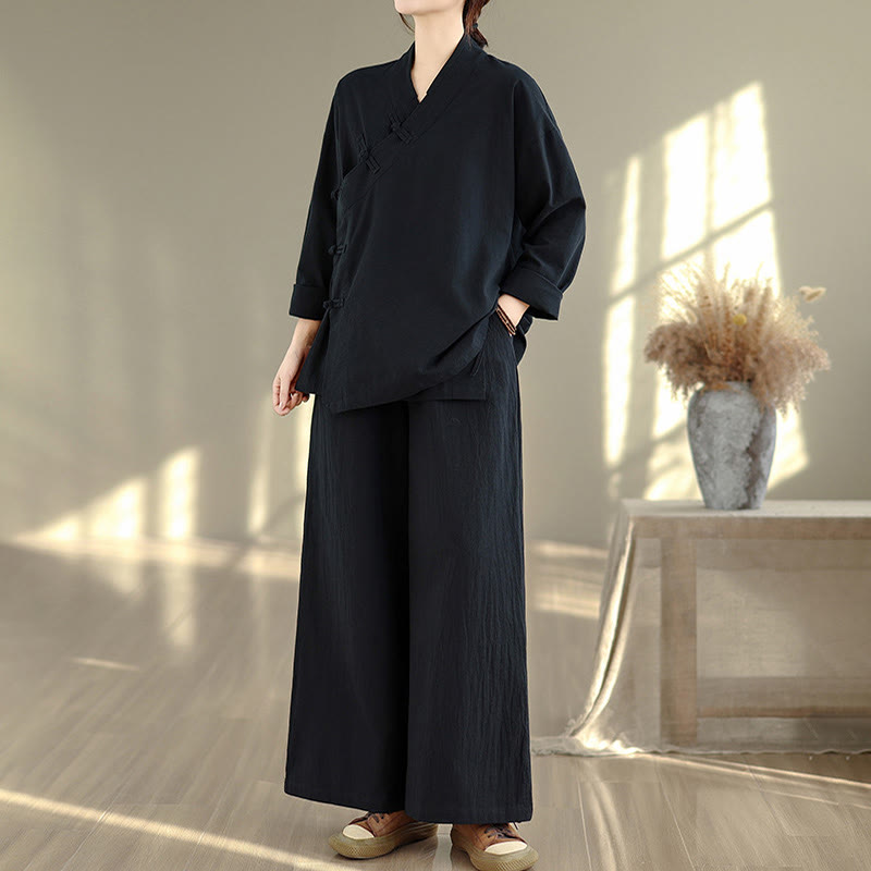 Conjunto de 2 piezas para mujer con estampado de Buddha Stones: camisa de manga larga con cuello en V y pantalones de pierna ancha, estilo zen y meditación. - image 16