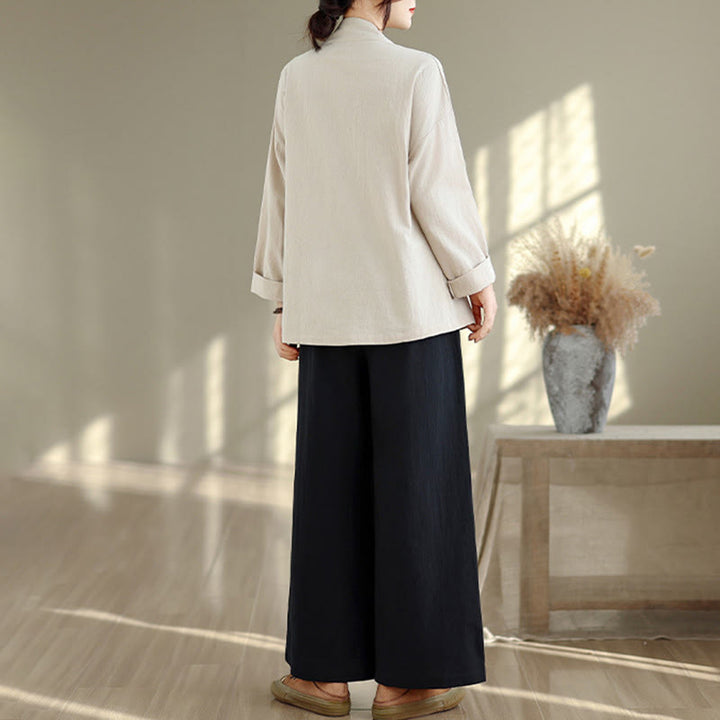 Conjunto de 2 piezas para mujer con estampado de Buddha Stones: camisa de manga larga con cuello en V y pantalones de pierna ancha, estilo zen y meditación. - image 2