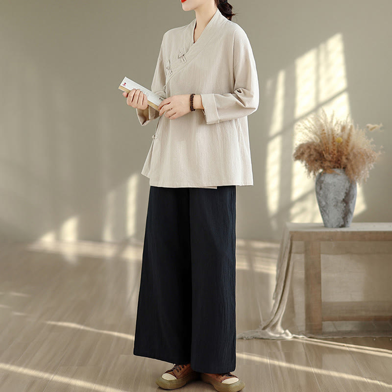 Conjunto de 2 piezas para mujer con estampado de Buddha Stones: camisa de manga larga con cuello en V y pantalones de pierna ancha, estilo zen y meditación. - image 1