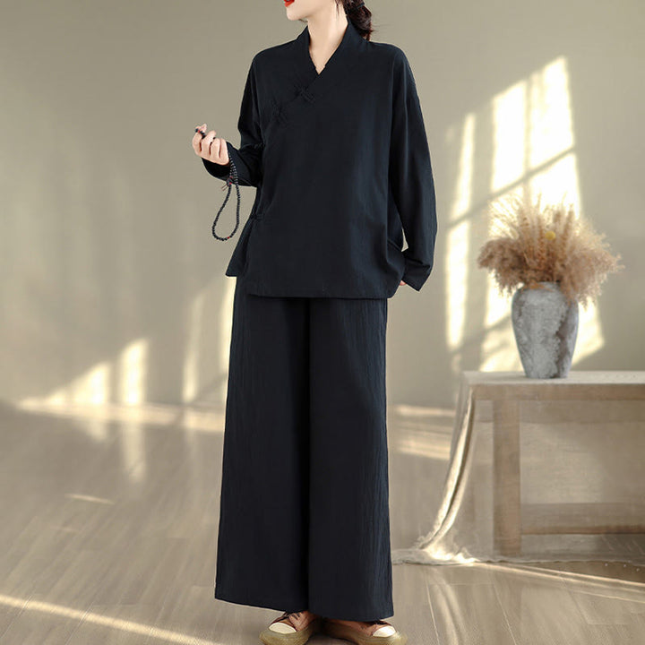 Conjunto de meditación zen para mujer con estampado de Buddha Stones : camiseta de manga larga con cuello en V y pantalón de pierna ancha. - image 15