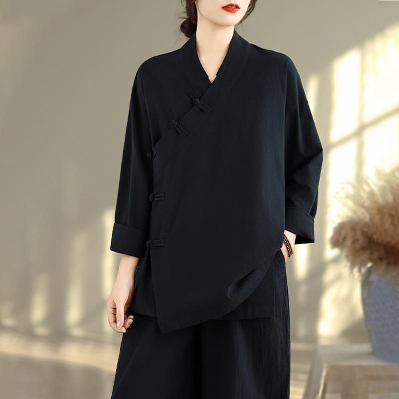 Conjunto de 2 piezas para mujer con estampado de Buddha Stones: camisa de manga larga con cuello en V y pantalones de pierna ancha, estilo zen y meditación. - image 18