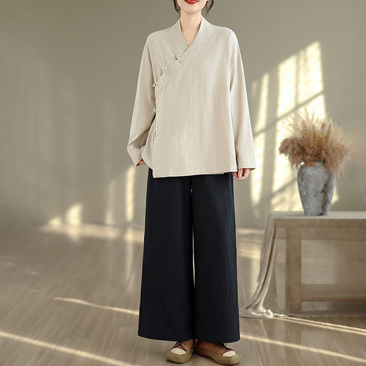 Conjunto de meditación zen para mujer con estampado de Buddha Stones : camiseta de manga larga con cuello en V y pantalón de pierna ancha. - image 3
