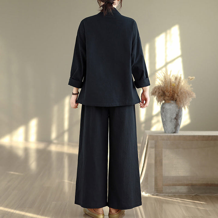 Conjunto de 2 piezas para mujer con estampado de Buddha Stones: camisa de manga larga con cuello en V y pantalones de pierna ancha, estilo zen y meditación. - image 14