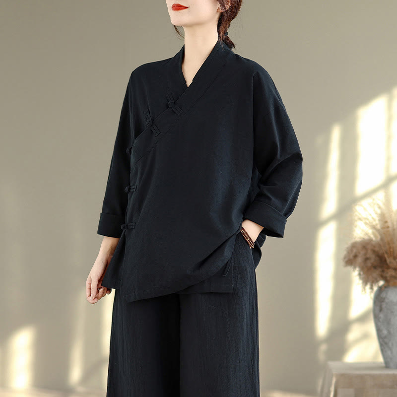 Conjunto de meditación zen para mujer con estampado de Buddha Stones : camiseta de manga larga con cuello en V y pantalón de pierna ancha. - image 17