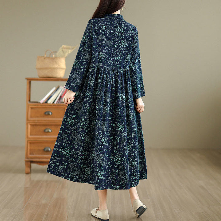 Vestido largo de algodón con cuello alto, estampado floral y Buddha Stones, manga larga y bolsillos. - image 3