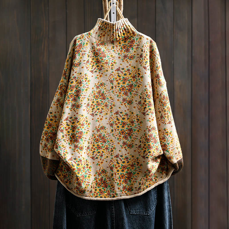 Suéter de punto con cuello alto y manga larga para mujer, de algodón con estampado floral y bajo acanalado, de Buddha Stones. - image 1