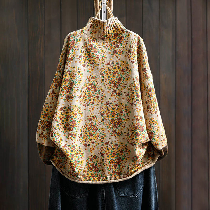 Suéter de punto con cuello alto y manga larga para mujer, de algodón con estampado floral y bajo acanalado, de Buddha Stones. - image 1