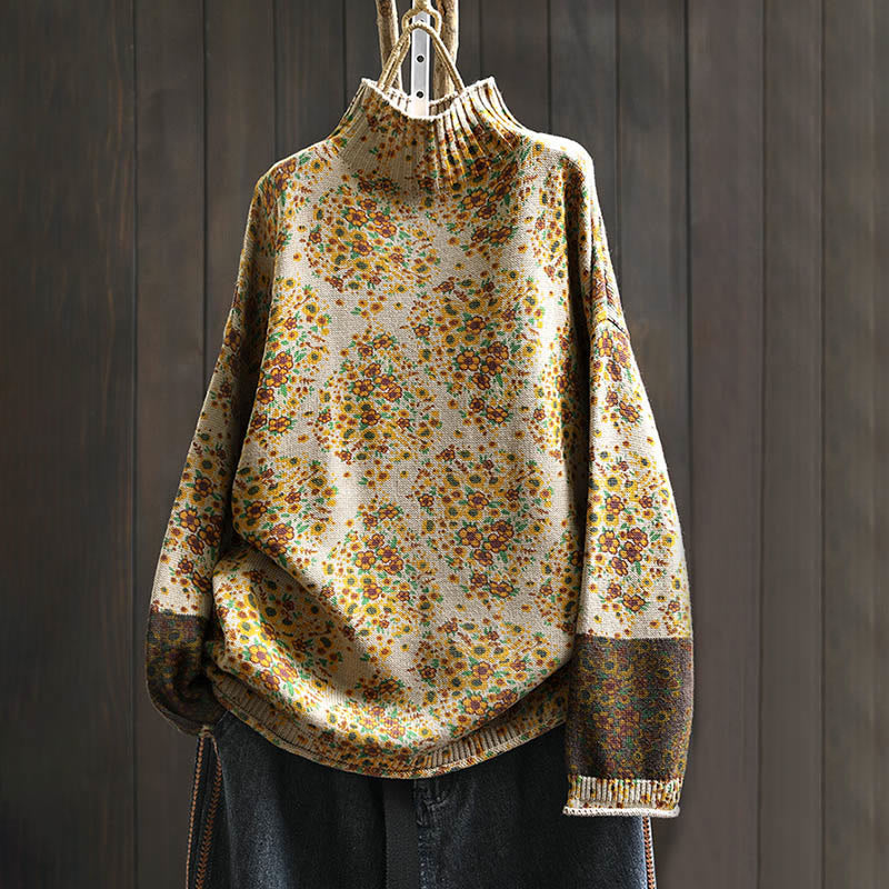 Suéter de punto con cuello alto y manga larga para mujer, de algodón con estampado floral y bajo acanalado, de Buddha Stones. - PapayaWhip - US4-6, UK/AU8-10, EU36-38 (F) - image 0