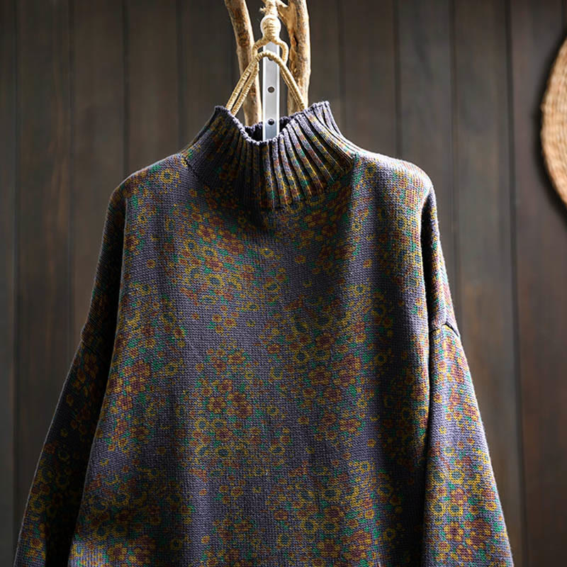 Suéter de punto con cuello alto y manga larga para mujer, de algodón con estampado floral y bajo acanalado, de Buddha Stones. - image 19