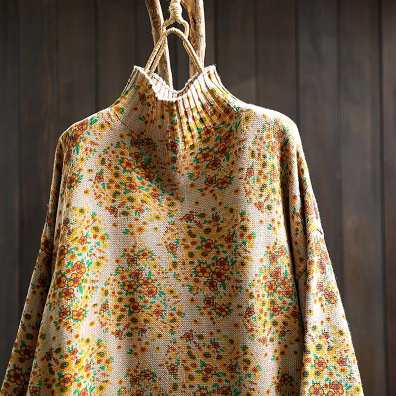 Suéter de punto con cuello alto y manga larga para mujer, de algodón con estampado floral y bajo acanalado, de Buddha Stones. - image 2