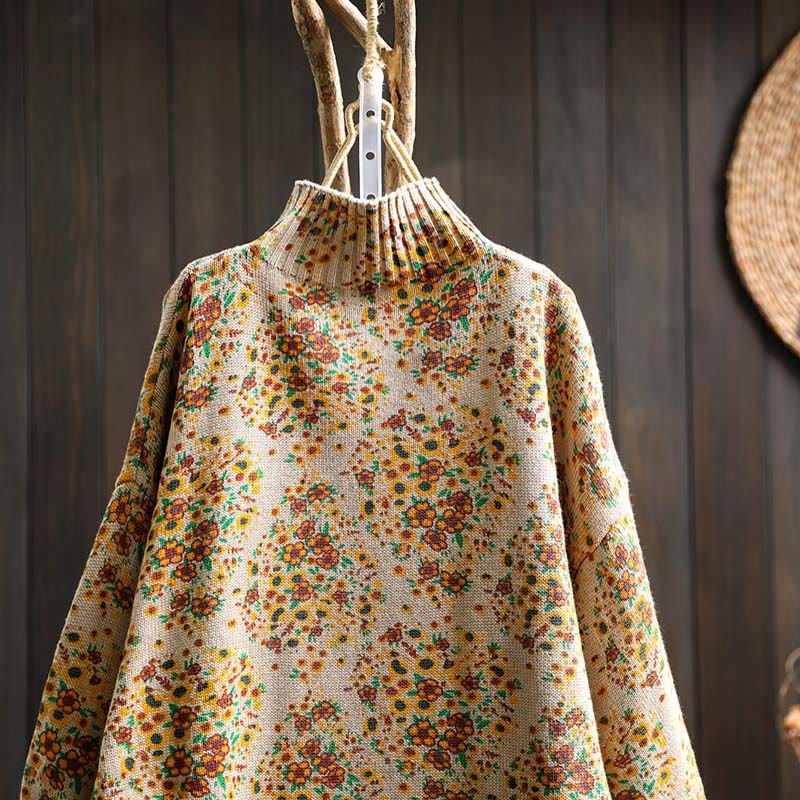 Suéter de punto con cuello alto y manga larga para mujer, de algodón con estampado floral y bajo acanalado, de Buddha Stones. - image 4