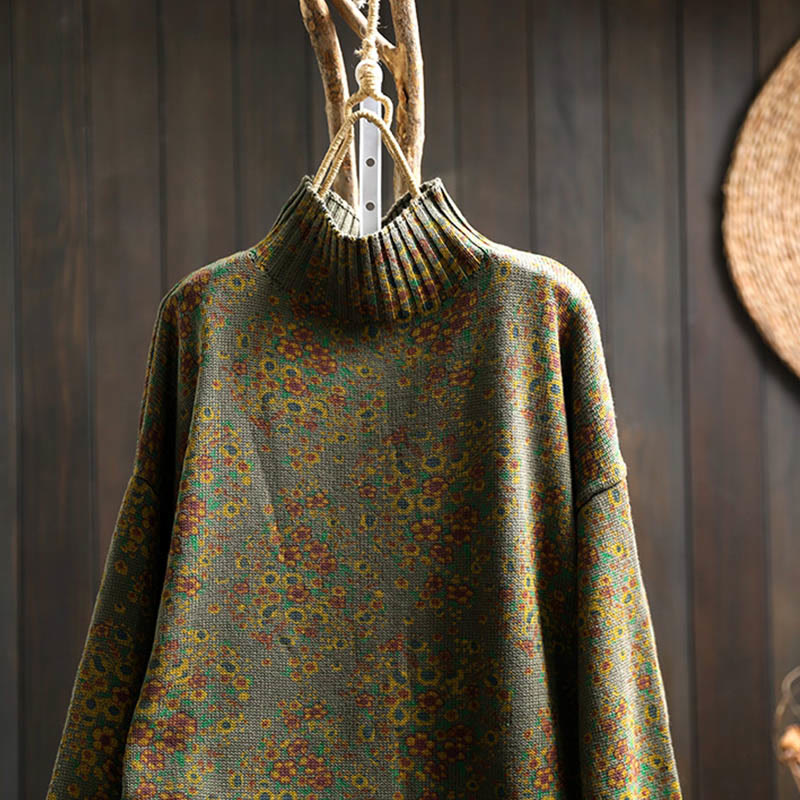 Suéter de punto con cuello alto y manga larga para mujer, de algodón con estampado floral y bajo acanalado, de Buddha Stones. - image 21