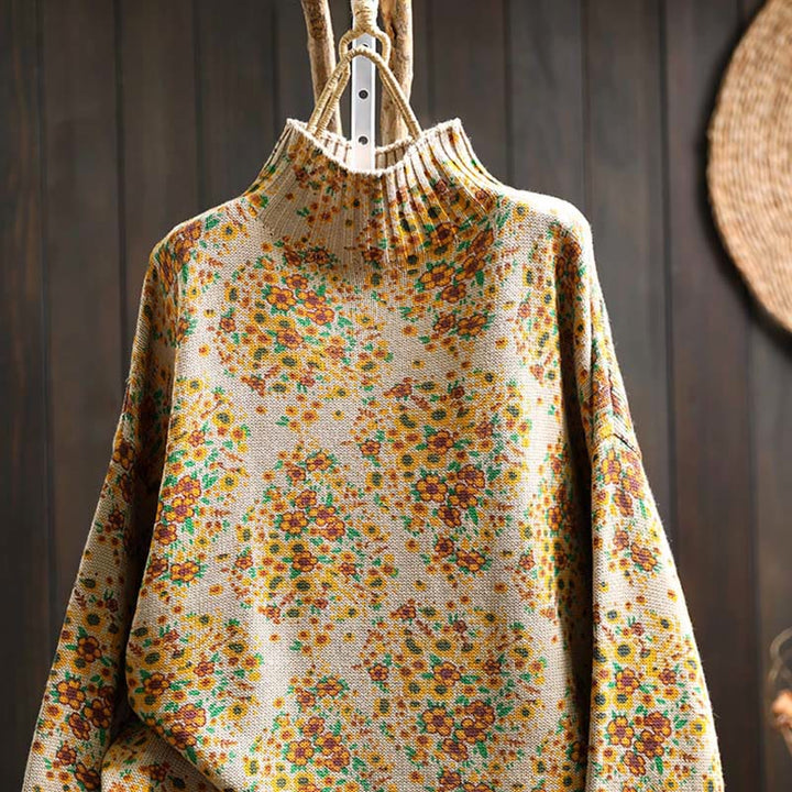 Suéter de punto con cuello alto y manga larga para mujer, de algodón con estampado floral y bajo acanalado, de Buddha Stones. - image 3