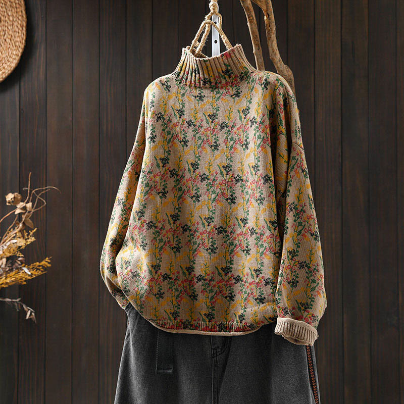 Suéter de algodón para mujer con cuello alto y manga larga, estampado de plantas y Buddha Stones). - BurlyWood - US4-6, UK/AU8-10, EU36-38 (F) - image 0