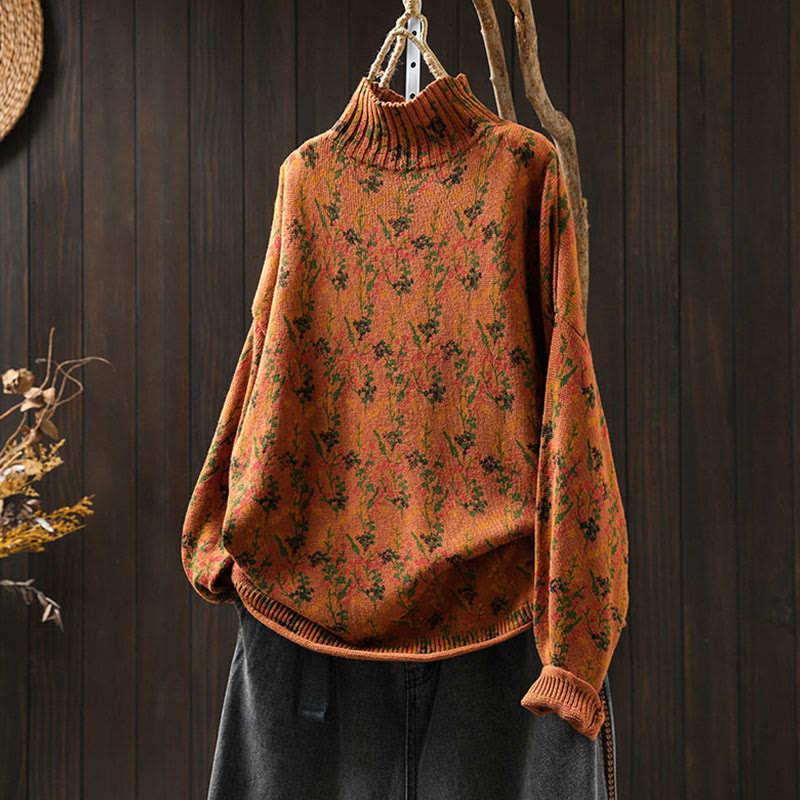Suéter de algodón para mujer con cuello alto y manga larga, estampado de plantas y Buddha Stones). - Naranja oscuro - US4-6, UK/AU8-10, EU36-38 (F) - image 2