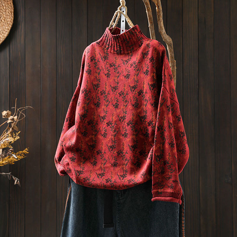 Suéter de algodón para mujer con cuello alto y manga larga, estampado de plantas y Buddha Stones). - Rojo - US4-6, UK/AU8-10, EU36-38 (F) - image 20