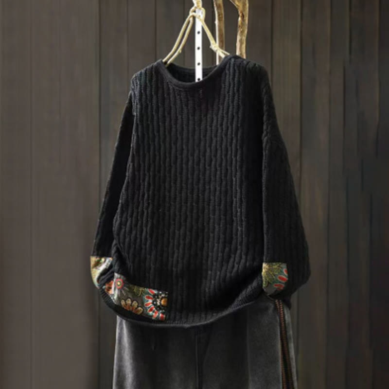 Suéter de algodón para mujer con cuello redondo y manga larga, diseño patchwork de Buddha Stones para invierno - Negro - US4-12, UK/AU8-16, EU36-44 (F) - image 10