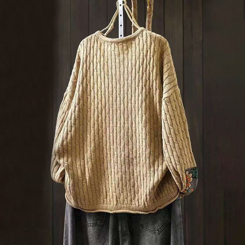 Suéter de algodón para mujer con cuello redondo y manga larga, diseño patchwork de Buddha Stones para invierno - image 2