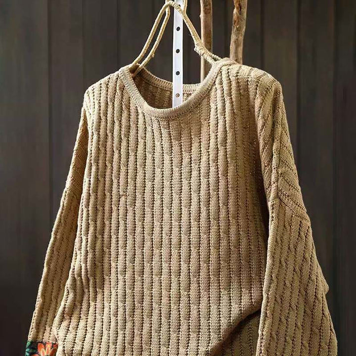 Suéter de algodón para mujer con cuello redondo y manga larga, diseño patchwork de Buddha Stones para invierno - image 3