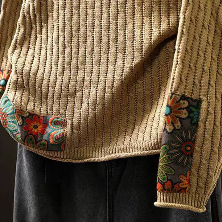 Suéter de manga larga con cuello redondo y diseño de patchwork de Buddha Stones para mujer. - image 7