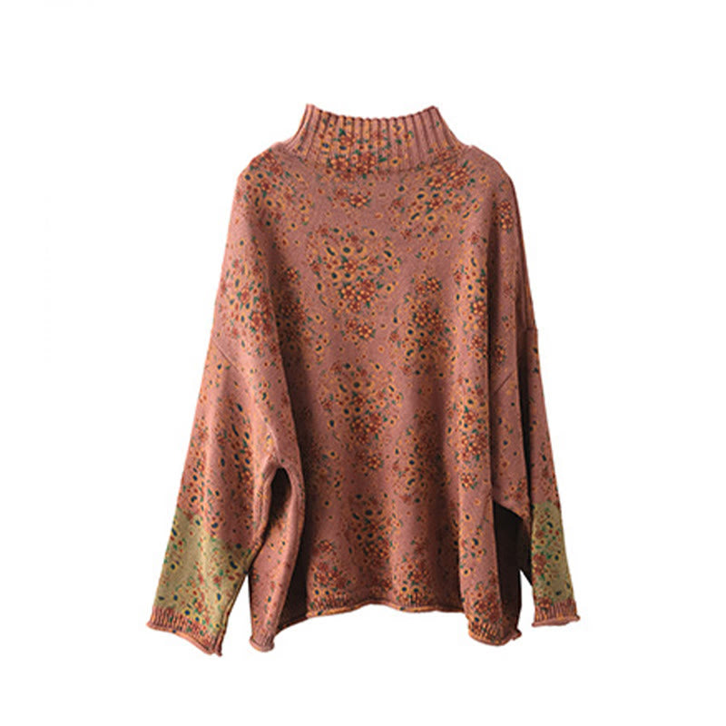 Suéter de punto de manga larga con cuello alto y estampado floral de Buddha Stones para mujer. - image 9
