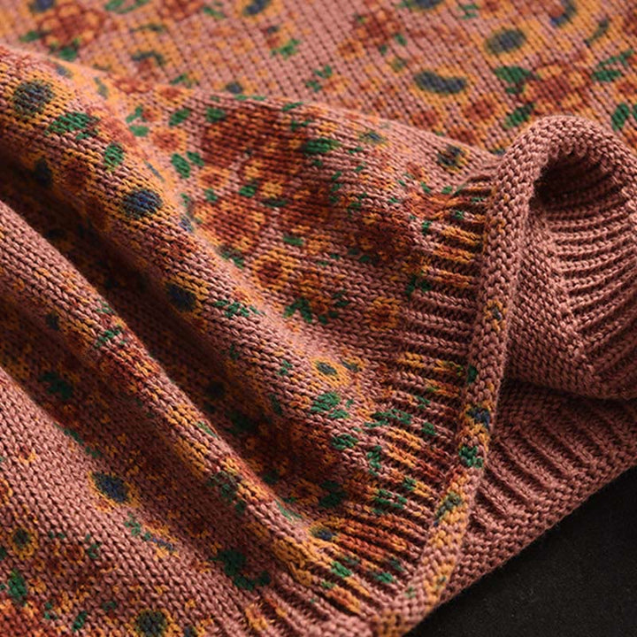 Suéter de punto de manga larga con cuello alto y estampado floral de Buddha Stones para mujer. - image 4