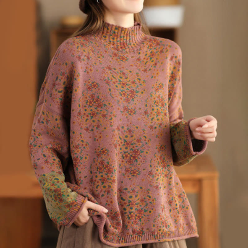Suéter de punto de manga larga con cuello alto y estampado floral de Buddha Stones para mujer. - Sandy Brown - US4-12, UK/AU8-16, EU36-44 (F) - image 0