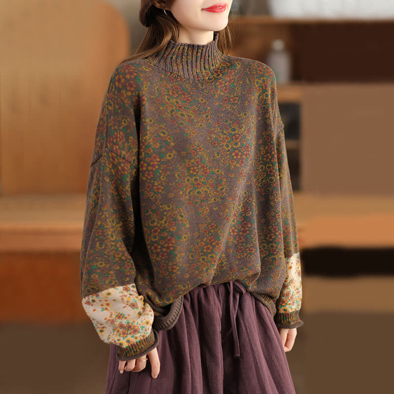 Suéter de punto de algodón para mujer con cuello alto, manga larga y estampado floral de otoño con Buddha Stones - SaddleBrown - US4-12, UK/AU8-16, EU36-44 (F) - image 18