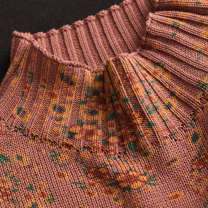 Suéter de punto de manga larga con cuello alto y estampado floral de Buddha Stones para mujer. - image 3